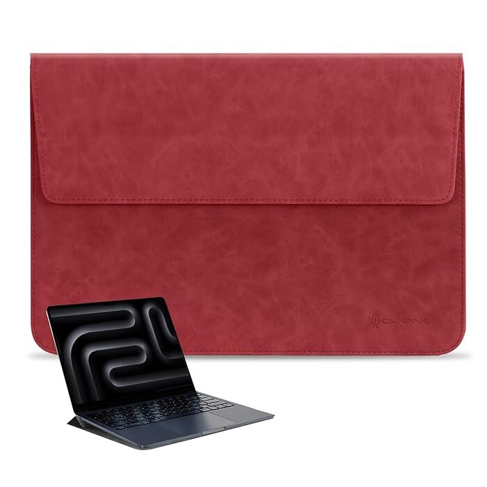 OMNPAK Laptop Sleeve for MacBook Pro/Air – Magnetic Buckle, Kickstand, Red Leather (Macbook not included)