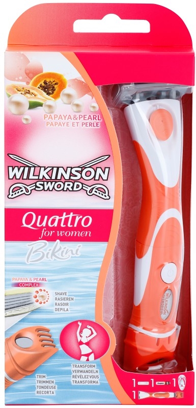 Wilkinson Sword Quattro for Women Bikini – 2-in-1 Razor & Trimmer (Papaya & Pearl)