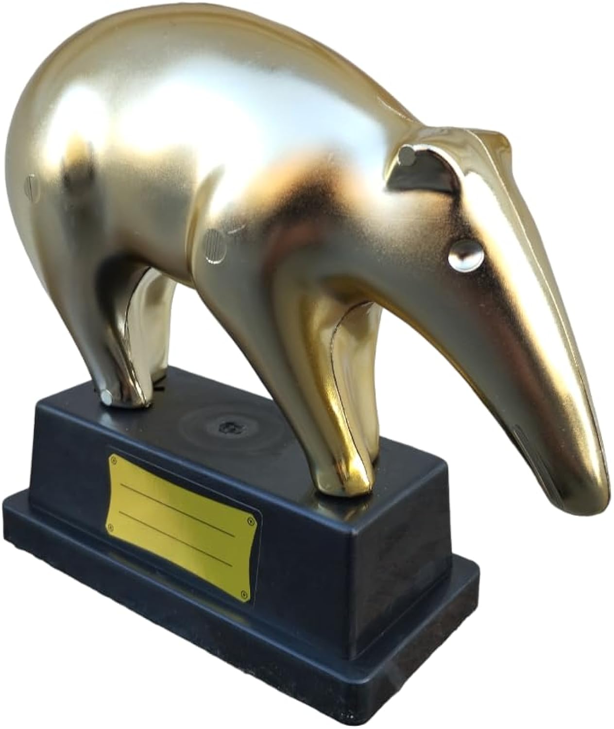Gold tapir on base with blank plaque for dedication, gold, One size