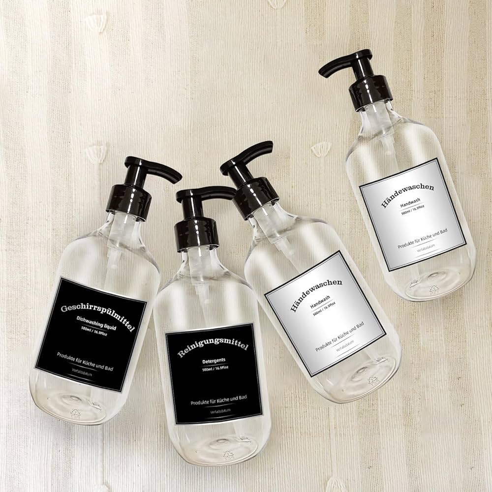 30) Set of 4 Plastic Soap Dispensers, 300 ml, Bottle with Labels, Hand Soap, Shampoo, Shower Gel, Dish Detergent Dispenser for Bathroom, Kitchen Countertop, Office, Hotel (Transparent, 300 ml)