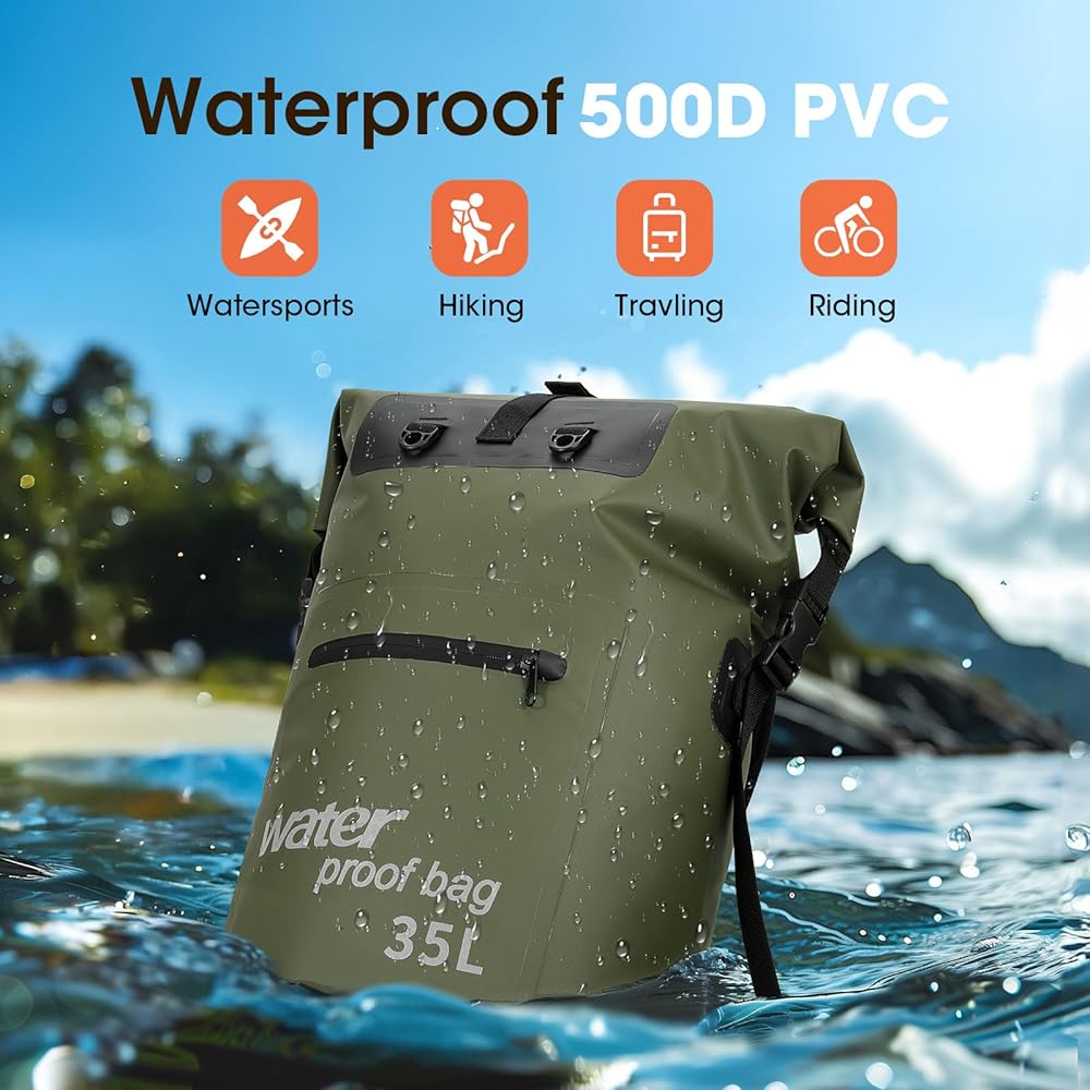 Wasserdichter Rucksack 35L/50L Rolltop Rucksack Dry Bag mit IPX8 Handyhülle, für Kajak, Kanu, Camping, Trekking, Wandern, Segeln oder andere Wassersportarten, 35 L Grün